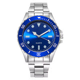 Silver watch with a blue face on a white background